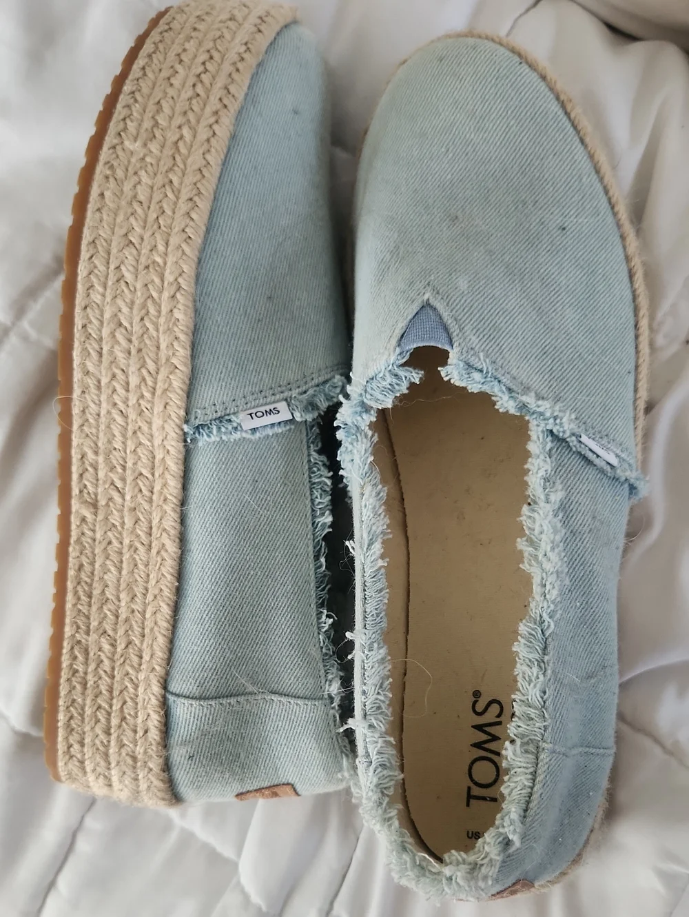 TOMS Light Blue Frayed Slip-On Espadrilles,size 8.5